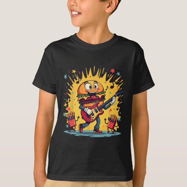 Camiseta Engraçado Cheeseburger Hamburger Toca Violão Franc (Frente)