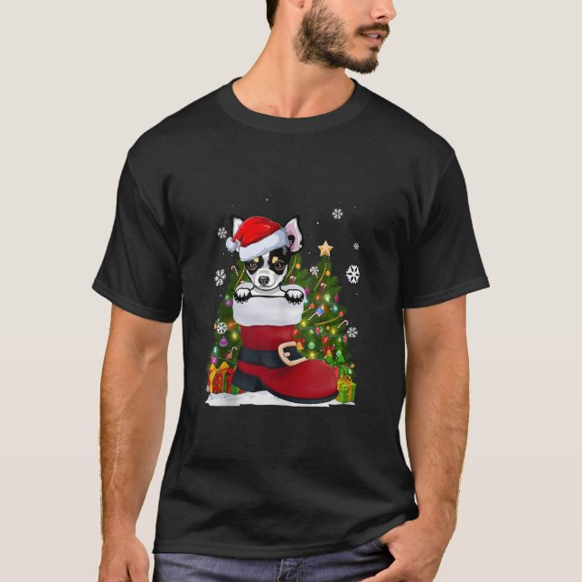 Camiseta Engraçado Chihuahua no Natal Santa Hat Feio Calçad (Frente)