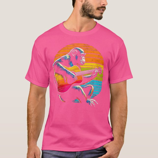 Camiseta Engraçado Chimpanzé Tocando Violão Acústico (Frente)