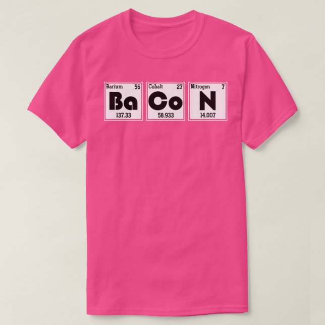 Camiseta Engraçado Ciência Bacon Química Periódica de Mesas (Frente do Design)