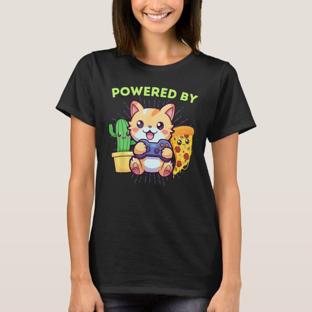 Camiseta Engraçado com Poder de Gamer Gato Planta Pizza Jog (Frente)