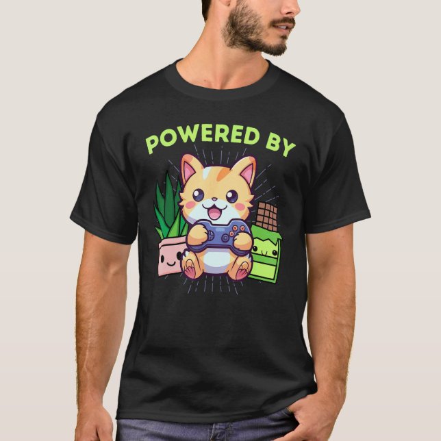 Camiseta Engraçado com Poder de Gamer Gato Plantas & Chocol (Frente)