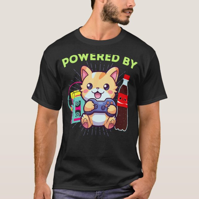 Camiseta Engraçado com Poder de Gamer Gato Refrigerante & O (Frente)