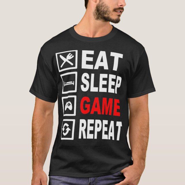 Camiseta Engraçado Comer Jogo do Sono Repetir T para Videos (Frente)