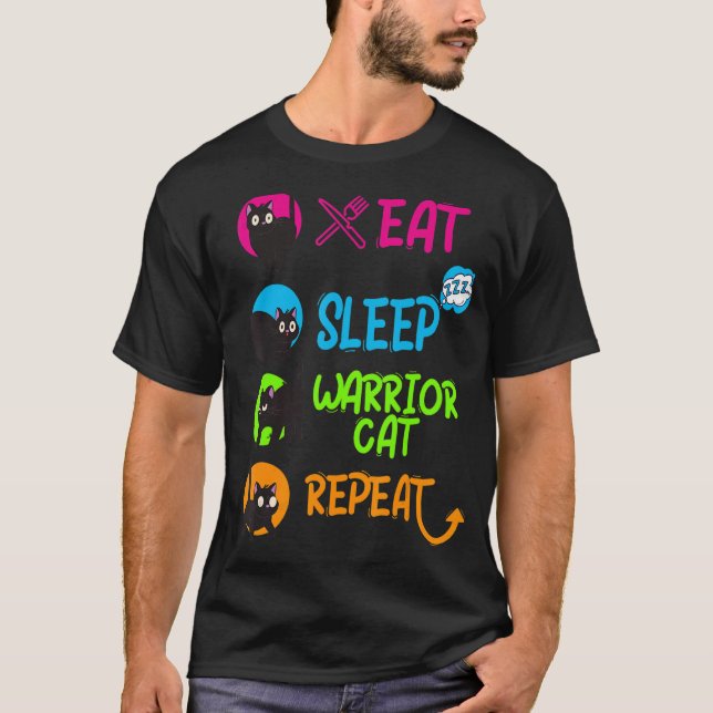 Camiseta Engraçado Comer O Guerreiro do Sono Gato Repetir L (Frente)
