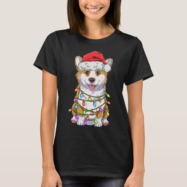Camiseta Engraçado Corgi Natal Lights Dott Santa Hat D (Frente)