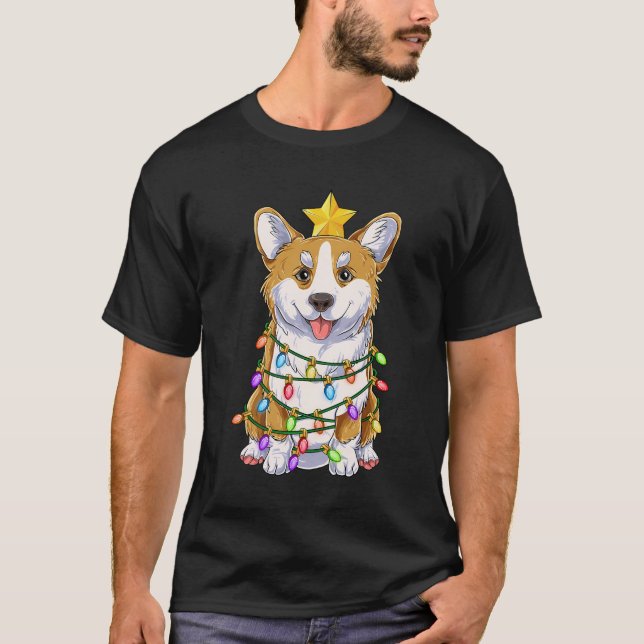 Camiseta Engraçado Corgi Natal Lights Dott Santa Hat D (Frente)