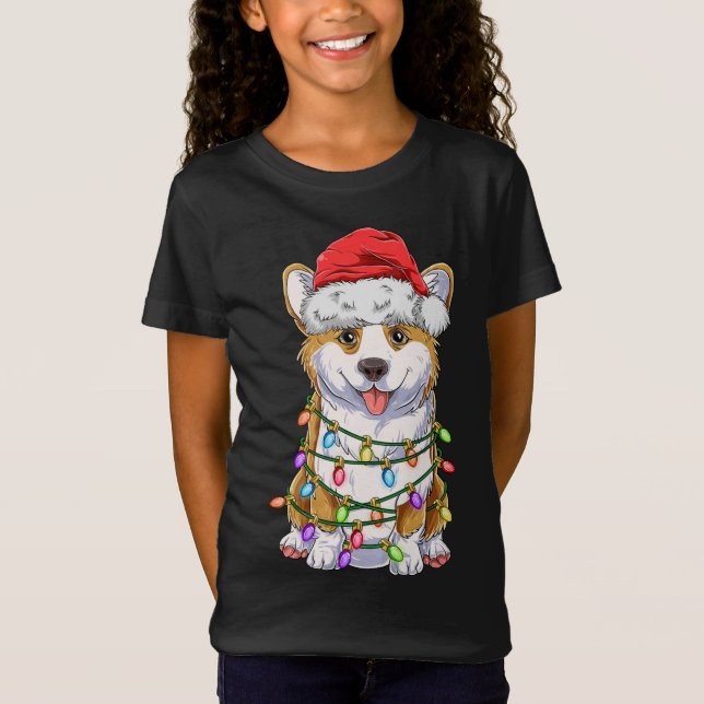 Camiseta Engraçado Corgi Natal Lights Dott Santa Hat D (Frente)