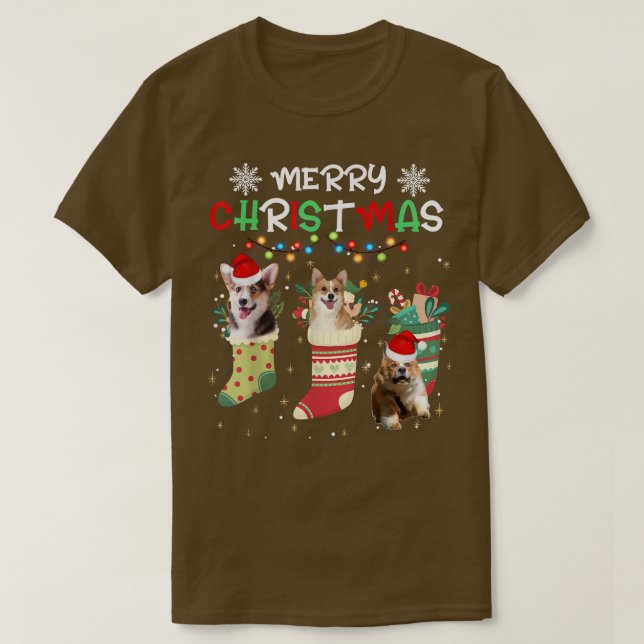 Camiseta Engraçado Corgi Natal Luzes Cachorros (Frente do Design)