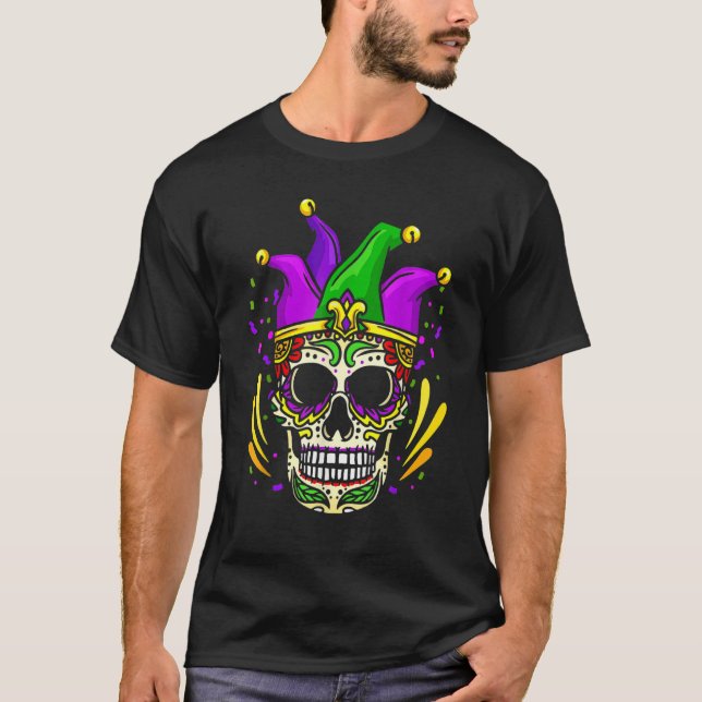 Camiseta Engraçado Crânio de Açúcar Mardi Gras Roupa, Homen (Frente)
