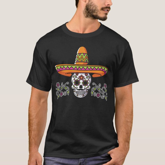Camiseta Engraçado Crânio Mexicano Cinco de Mayo (Frente)