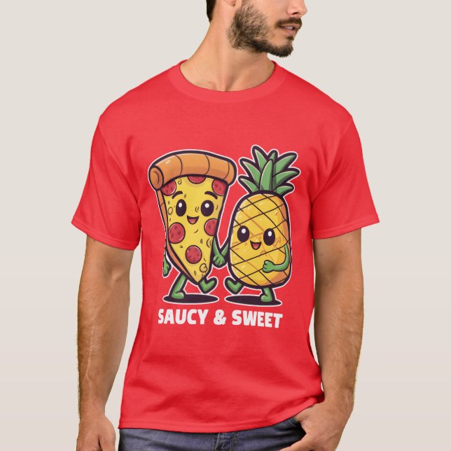 Camiseta Engraçado Cute Kawaii Pizza Abacaxi Amigos Saucy g (Frente)