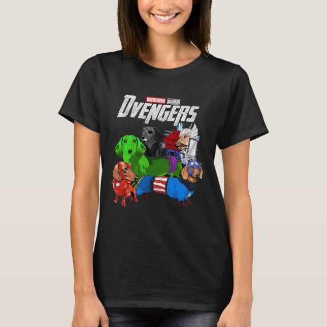 Camiseta Engraçado Dachshund Dvengers (Frente)