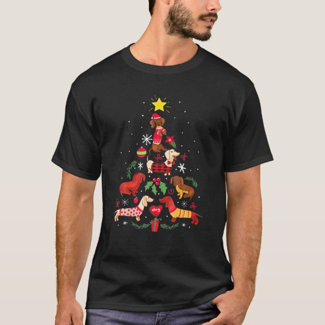 Camiseta Engraçado Dachshund Natal Cães de Árvore do Natal (Frente)