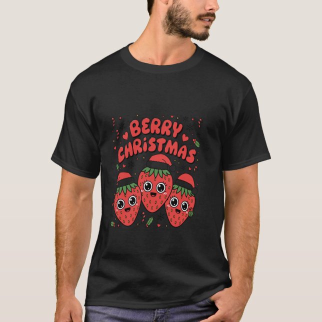 CAMISETA ENGRAÇADO DE NATAL MEME MERRY CHRISTMAS STRAWBERRI (Frente)