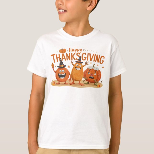 Camiseta Engraçado Dia de Ação de Graças Pumpkins no desenh (Frente)