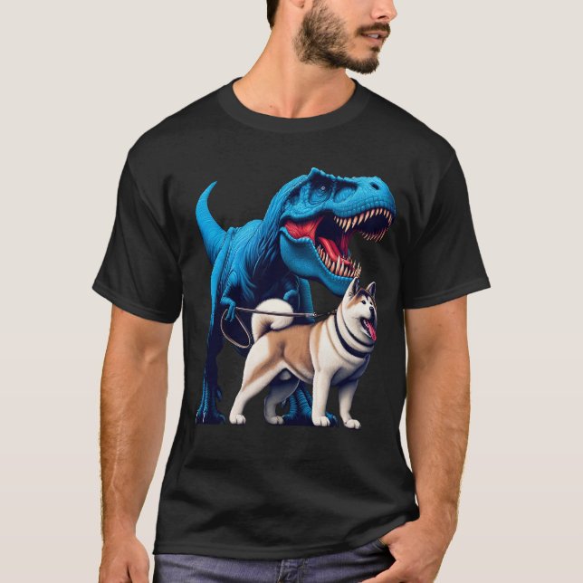 Camiseta Engraçado Dinossaur Akita Caminhando Cachorro (Frente)