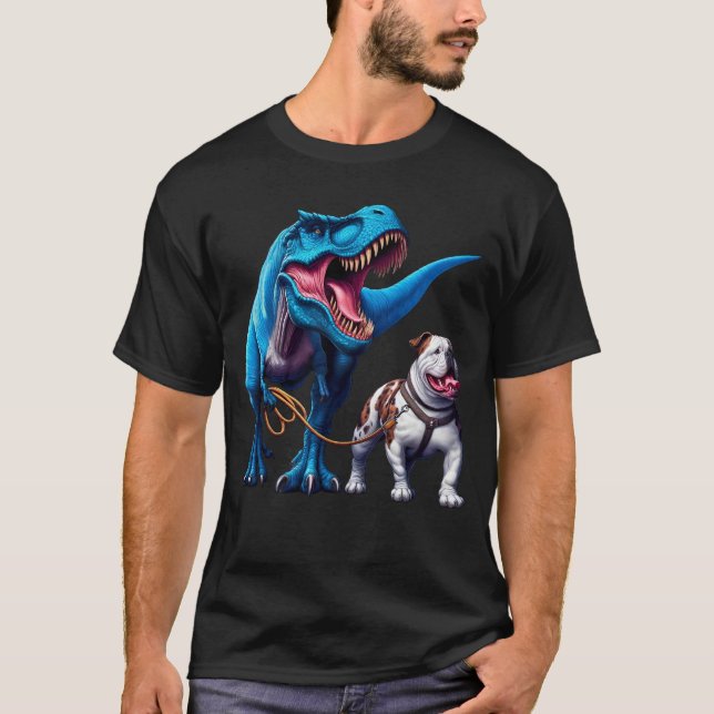 Camiseta Engraçado Dinossauro Americano Bulldog Andando Cac (Frente)