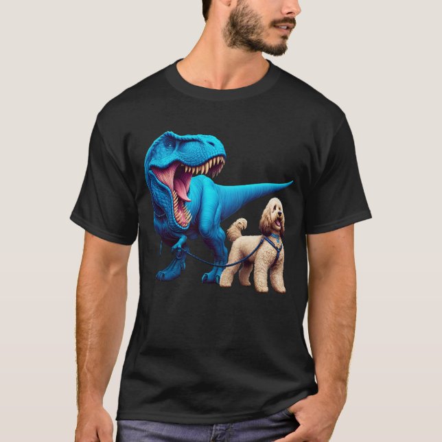 Camiseta Engraçado Dinossauro Cockapoo Caminhando Cachorro (Frente)