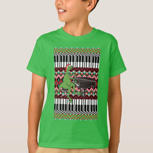 Camiseta Engraçado Dinossauro de Natal Feio Piano (Frente)