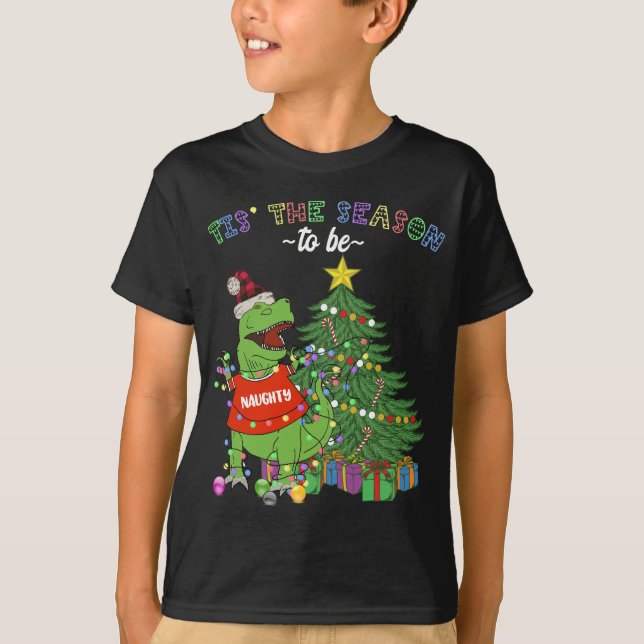 Camiseta Engraçado Dinossauro Natal É a temporada travessa (Frente)