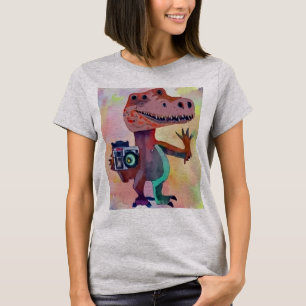 Camiseta Engraçado Dinossauro T-rex com Fotografia de Câmer