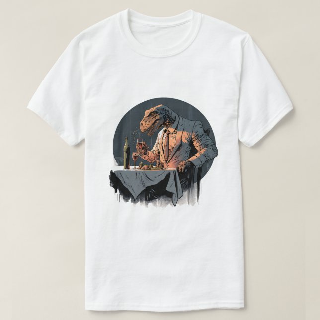 Camiseta Engraçado Dinossauro TRex no Restaurante Fino Jant (Frente do Design)