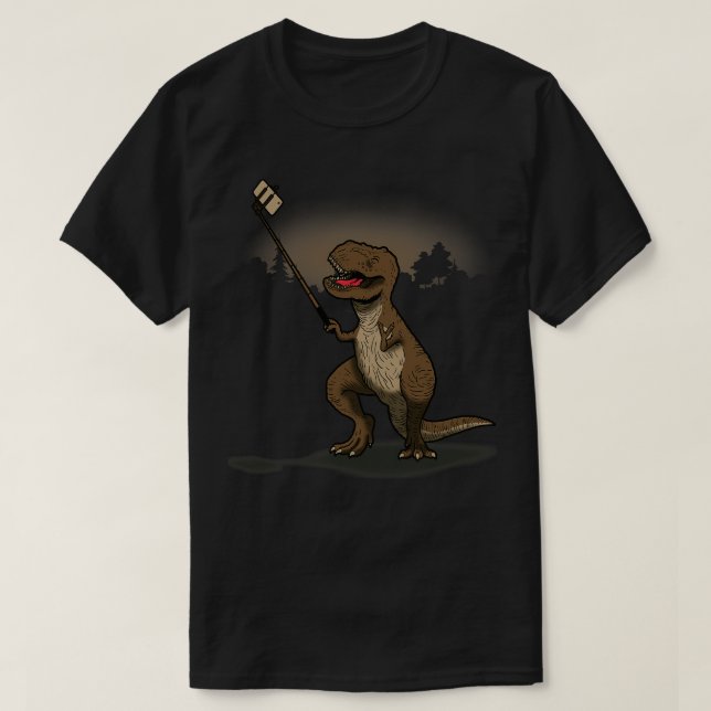 Camiseta Engraçado Dinossauro TRex Tocando Selfie Funny Sel (Frente do Design)