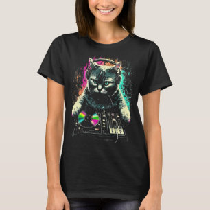Camiseta Engraçado DJ Cat Girando Foguetes Felinos
