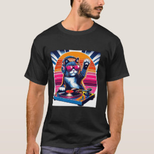 Camiseta Engraçado DJ Cat Groove Disco Sound Tech Headphone