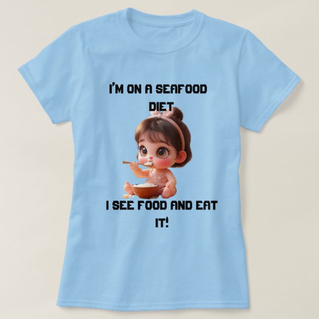 Camiseta Engraçado e tamanho T-Shirt | Vejo Comida e coma (Frente do Design)