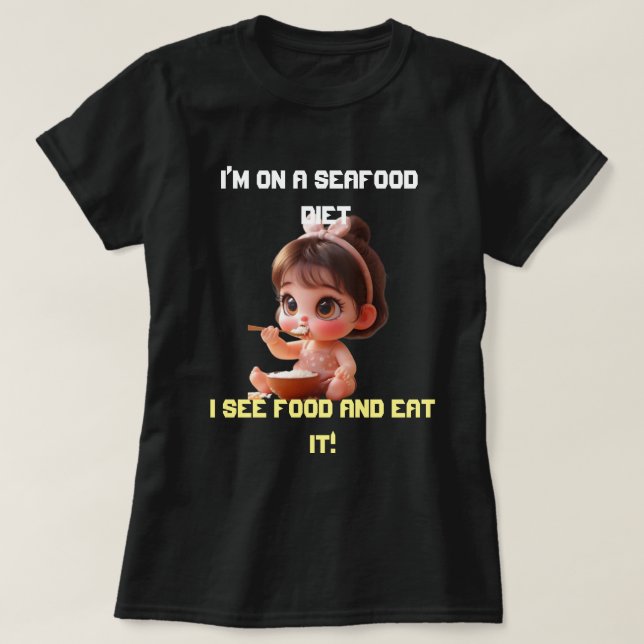 Camiseta Engraçado e tamanho T-Shirt | Vejo Comida e coma (Frente do Design)