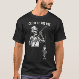 Camiseta Engraçado Esqueleto Pescando "Peixe do Dia"
