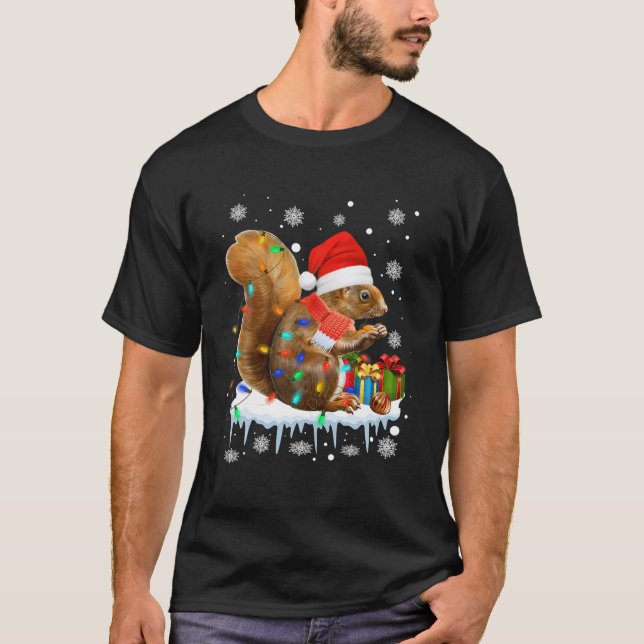 Camiseta Engraçado Esquilo Decoração de Natal Santa Hat Xma (Frente)