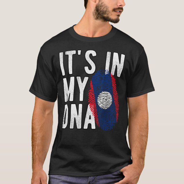 Camiseta Engraçado, está no meu DNA, bandeira Laos, Fingerp (Frente)