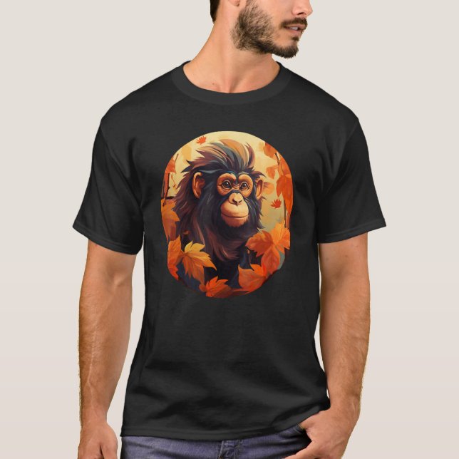 Camiseta Engraçado Estação de outono com Folhas e Macaco pa (Frente)
