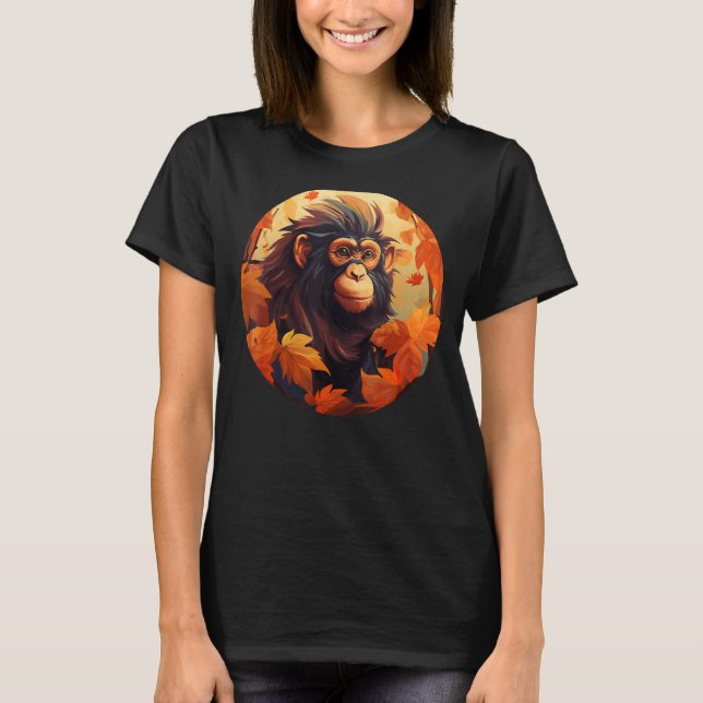 Camiseta Engraçado Estação de outono com Folhas e Macaco pa (Frente)