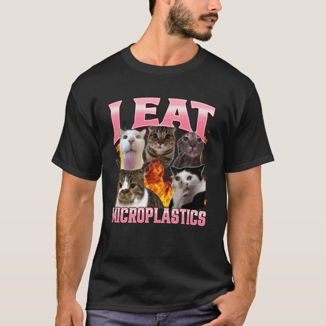 Camiseta Engraçado Eu Como Microplásticos Humor Gato Meme B (Frente)