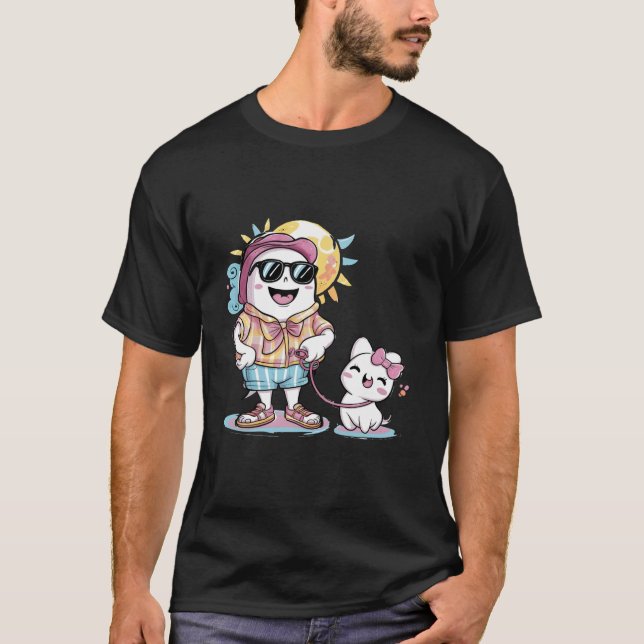 Camiseta Engraçado Fantasma Verão Caminhando Gato Fresco (Frente)