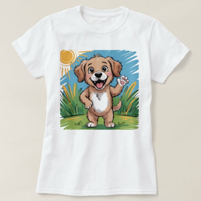 Camiseta Engraçado Feliz Cachorro Camisa-T - Cartoon Bonito (Frente do Design)