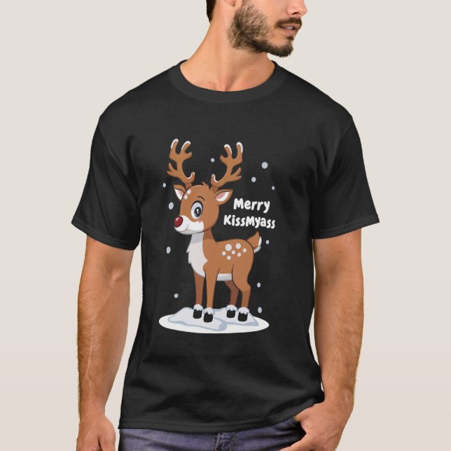 Camiseta Engraçado Feliz de Reindeer de Natal (Frente)