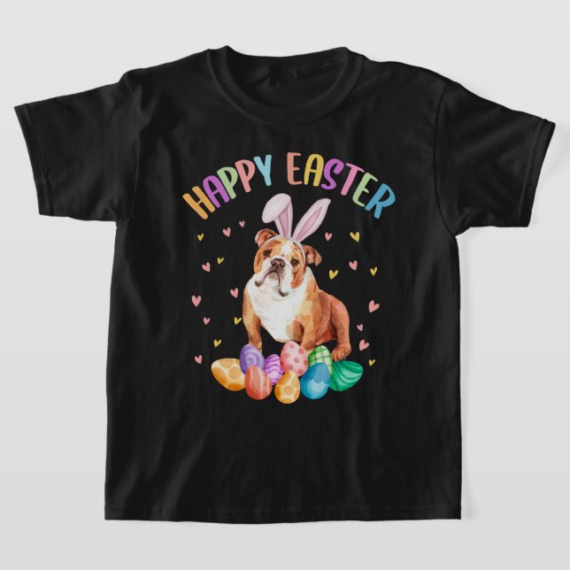 Camiseta Engraçado Felz pascoa Inglês Buldogue Bunny Pet Lo (Postura )