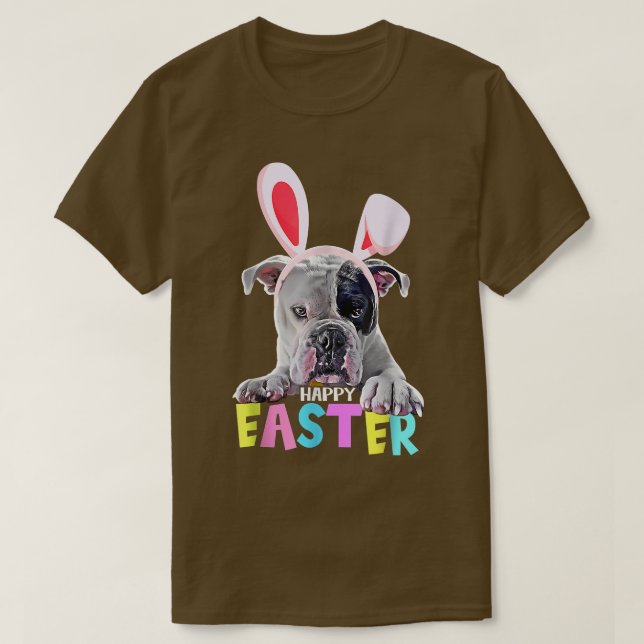 Camiseta Engraçado Felz pascoa Inglês Buldogue Bunny Pet Lo (Frente do Design)