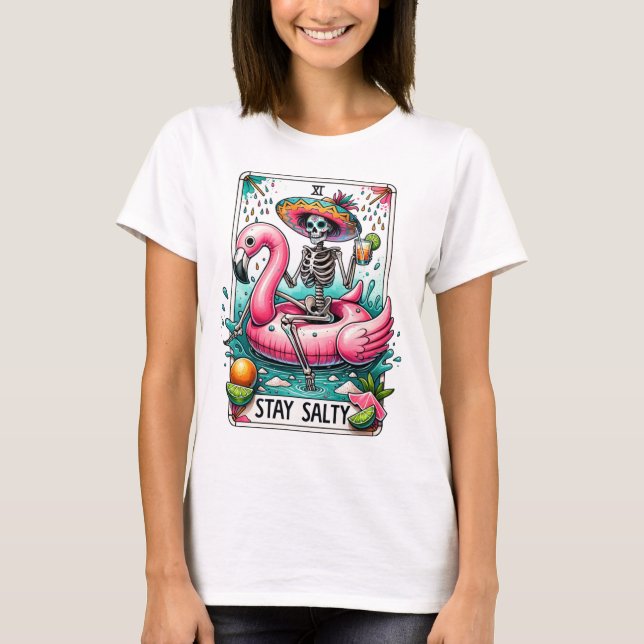 Camiseta Engraçado Fique Salty Flamingo Flot Skeleton Tarot (Frente)
