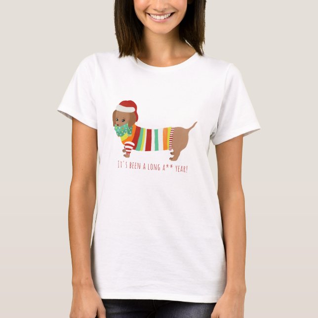 Camiseta Engraçado "Foi um Ano Longo" O Natal do Cachorro E (Frente)