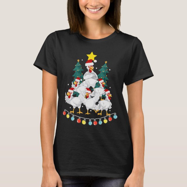 Camiseta Engraçado Galinha Árvore de Natal Luzes de Frango (Frente)