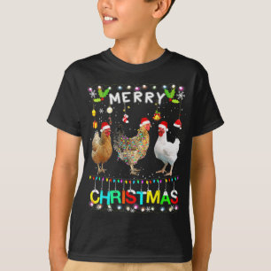 Camiseta Engraçado Galinha de Natal Santa Hat Luzes Xma