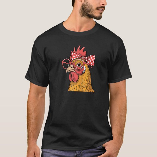 Camiseta Engraçado Galinha Rooster Hen Vestindo Bandana Wom (Frente)