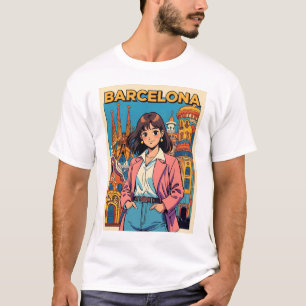 Camiseta Engraçado Garota Vintage Posta Card Barcelona