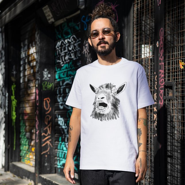 Camiseta Engraçado Gato Chorando Arte Animal Quirky (screaming goat funny cool black and white sketch drawing T-shirt by artist Catherine Sweetman )
